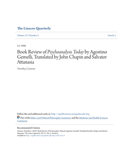Book Review of Psychoanalysis Today by Agostino Gemelli, Translated by John Chapin and Salvator Attanasia Timothy J