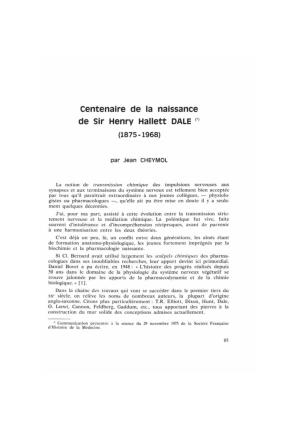 Centenaire De La Naissance De Sir Henry Hallett DALE