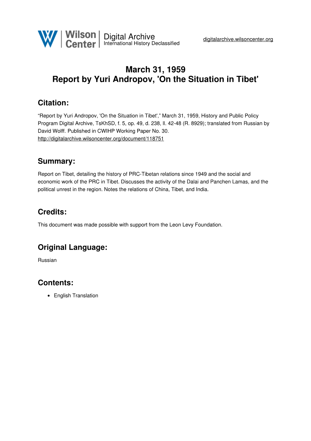 March 31, 1959 Report by Yuri Andropov, 'On the Situation in Tibet'