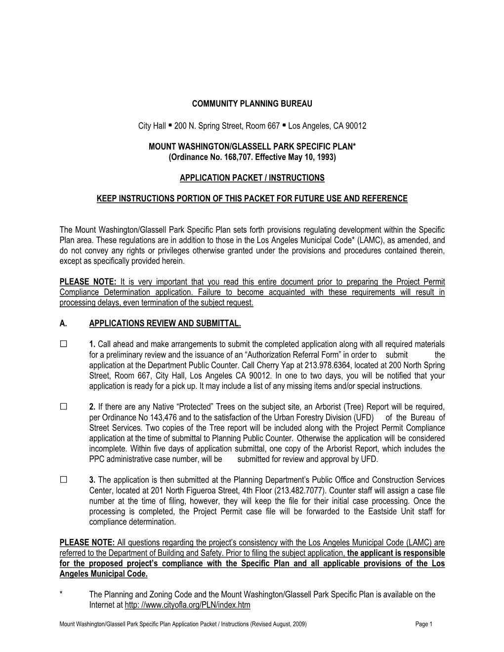 Specific Plan Application Packet / Instructions (Revised August, 2009) Page 1