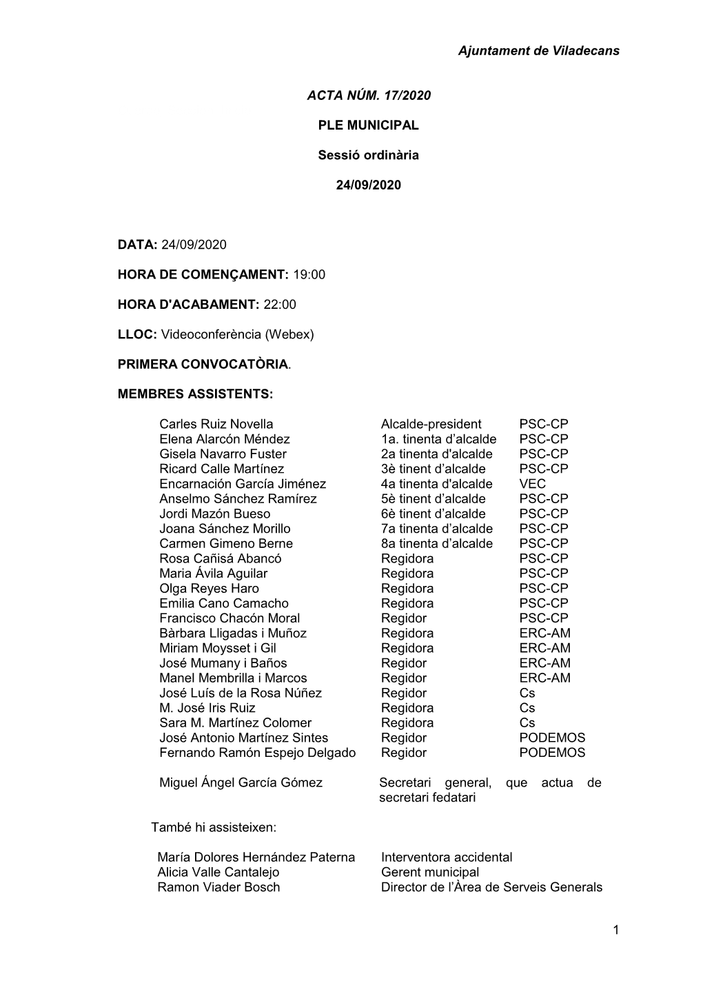 Ajuntament De Viladecans 1 ACTA NÚM. 17/2020