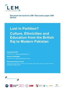 Lost in Partition? Culture, Ethnicities and Education from the British Raj to Modern Pakistan