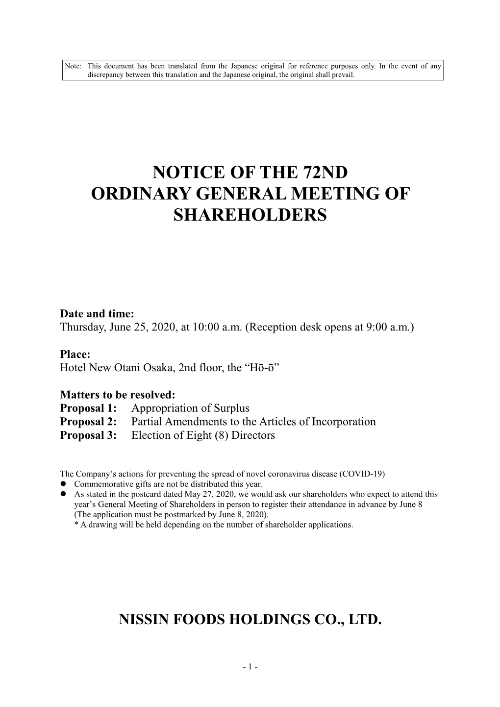 Notice of the 72Nd Ordinary General Meeting of Shareholders