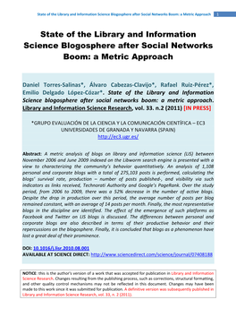 State of the Library and Information Science Blogosphere After Social Networks Boom: a Metric Approach 1