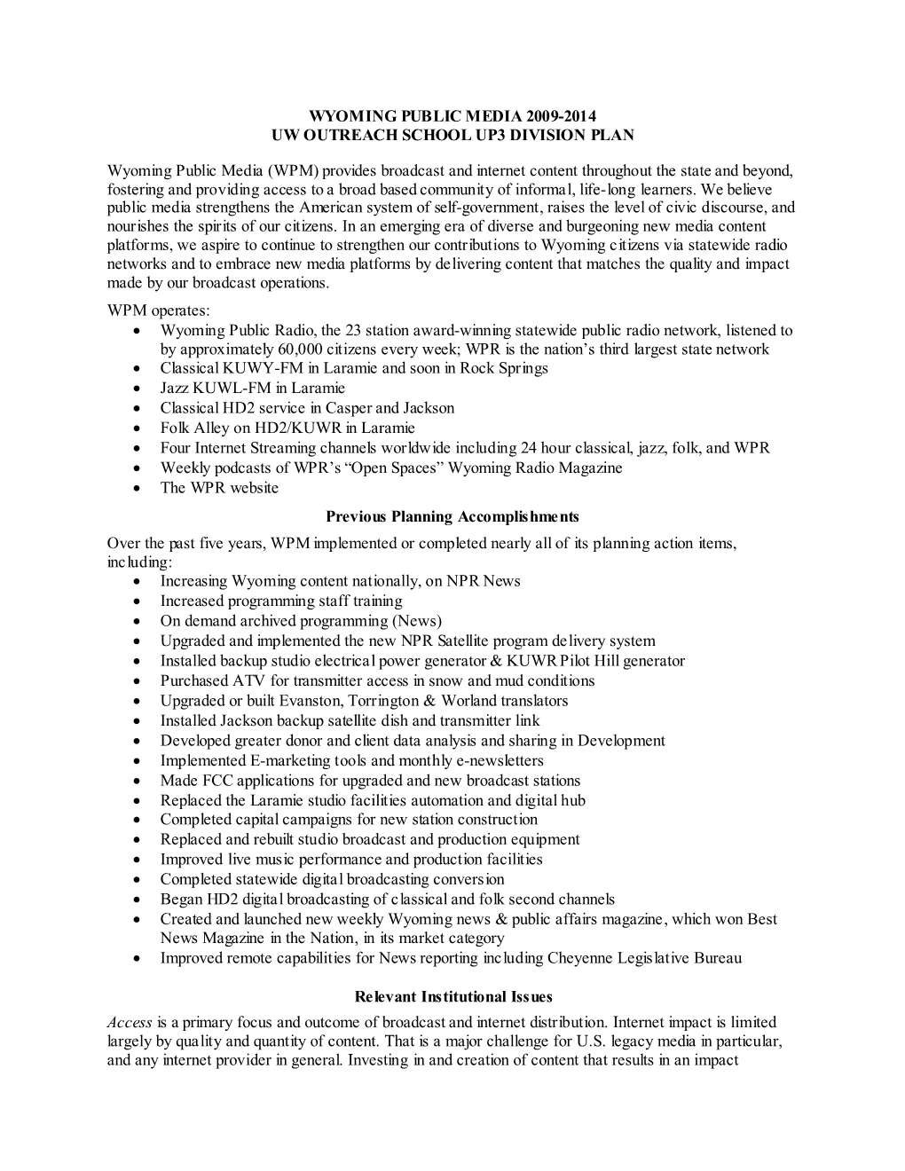 Wyoming Public Media 2009-2014 Uw Outreach School Up3 Division Plan