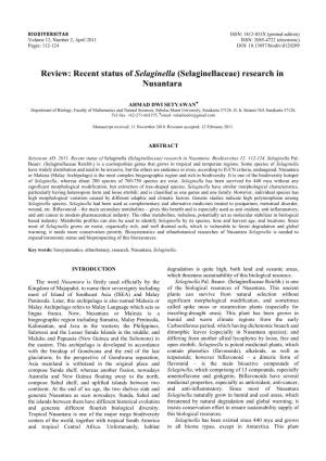 Review: Recent Status of Selaginella (Selaginellaceae) Research in Nusantara
