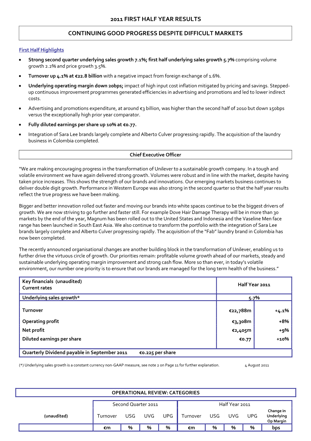 2011 First Half Year Results Continuing Good Progress Despite Difficult Markets