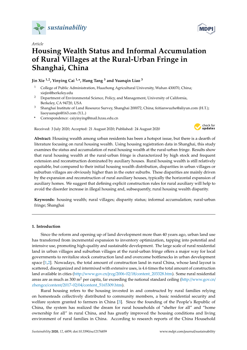 Housing Wealth Status and Informal Accumulation of Rural Villages at the Rural-Urban Fringe in Shanghai, China