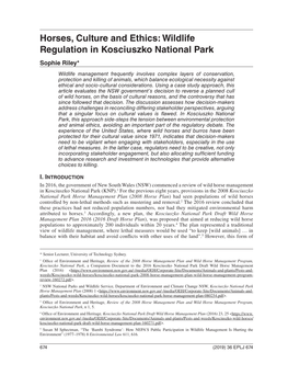 Horses, Culture and Ethics: Wildlife Regulation in Kosciuszko National Park Sophie Riley*