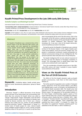 Kazakh Printed Press Development in the Late 19Th-Early 20Th Century Seidulla Sadykov and Bekzhigit Serdali*