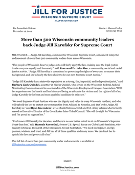 More Than 500 Wisconsin Community Leaders Back Judge Jill Karofsky for Supreme Court