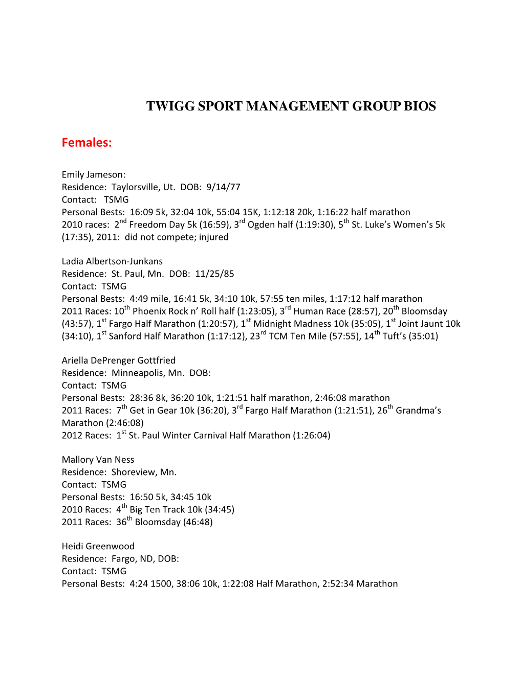 TWIGG SPORT MANAGEMENT GROUP BIOS Females