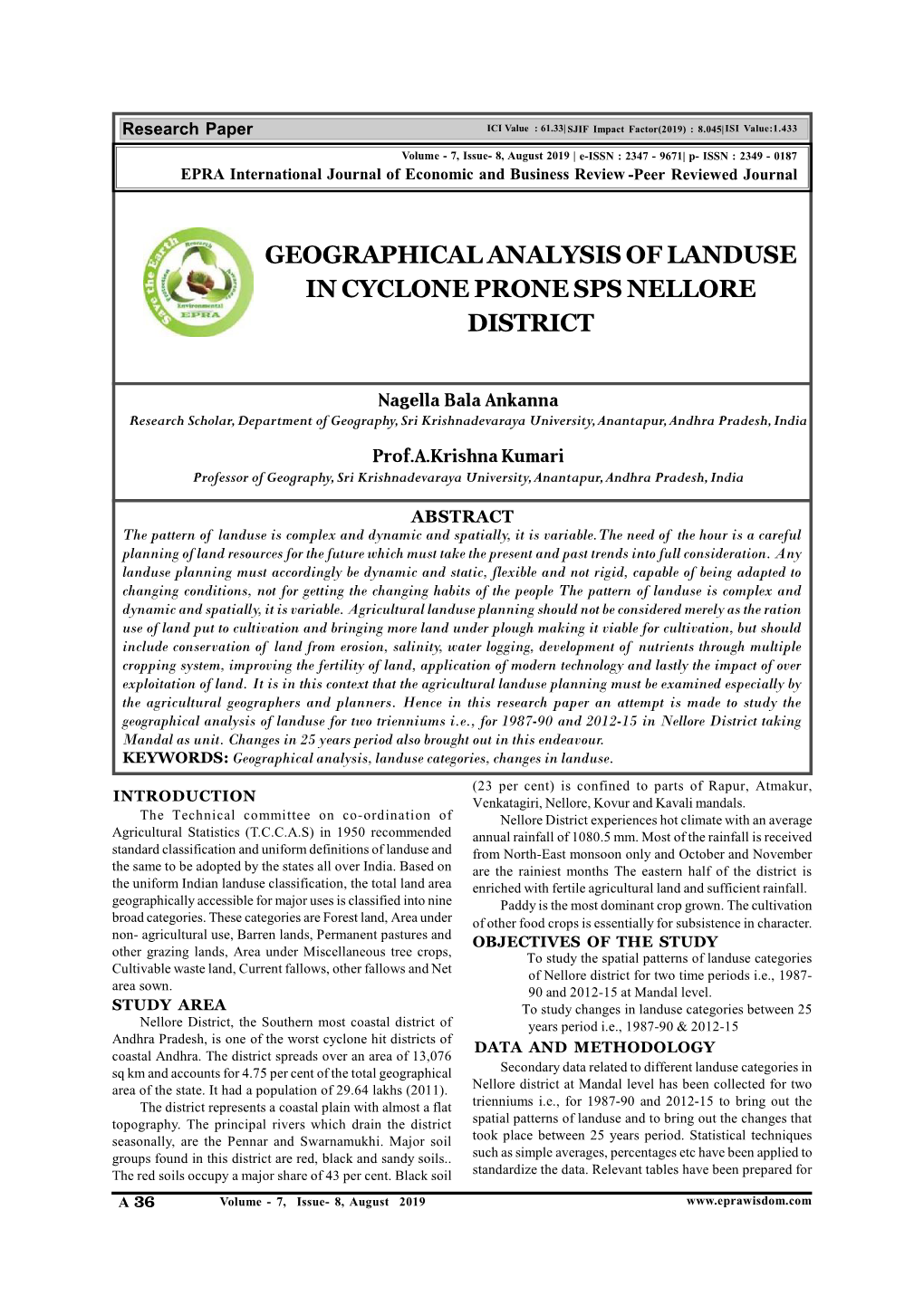 Geographical Analysis of Landuse in Cyclone Prone Sps Nellore District