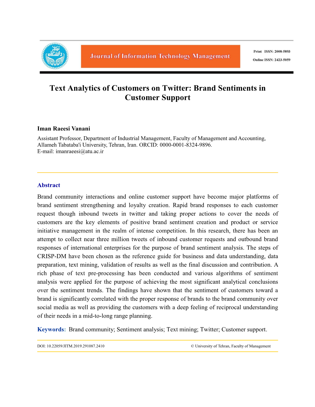 Text Analytics of Customers on Twitter: Brand Sentiments in Customer Support