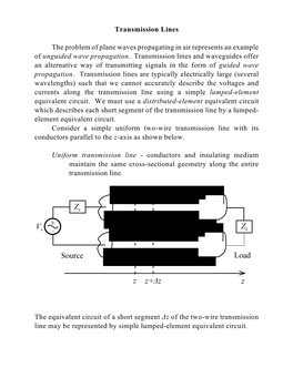 Transmission Lines the Problem of Plane Waves Propagating in Air Represents an Example of Unguided Wave Propagation. Transmissi