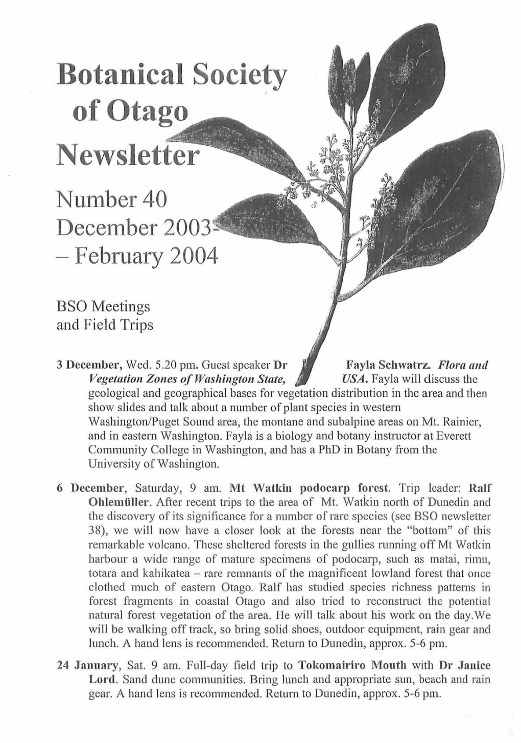 Botanical Society of Otago Newsletter Number 40 December 2003 - February 2004