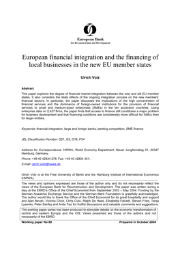 European Financial Integration and the Financing of Local Businesses in the New EU Member States