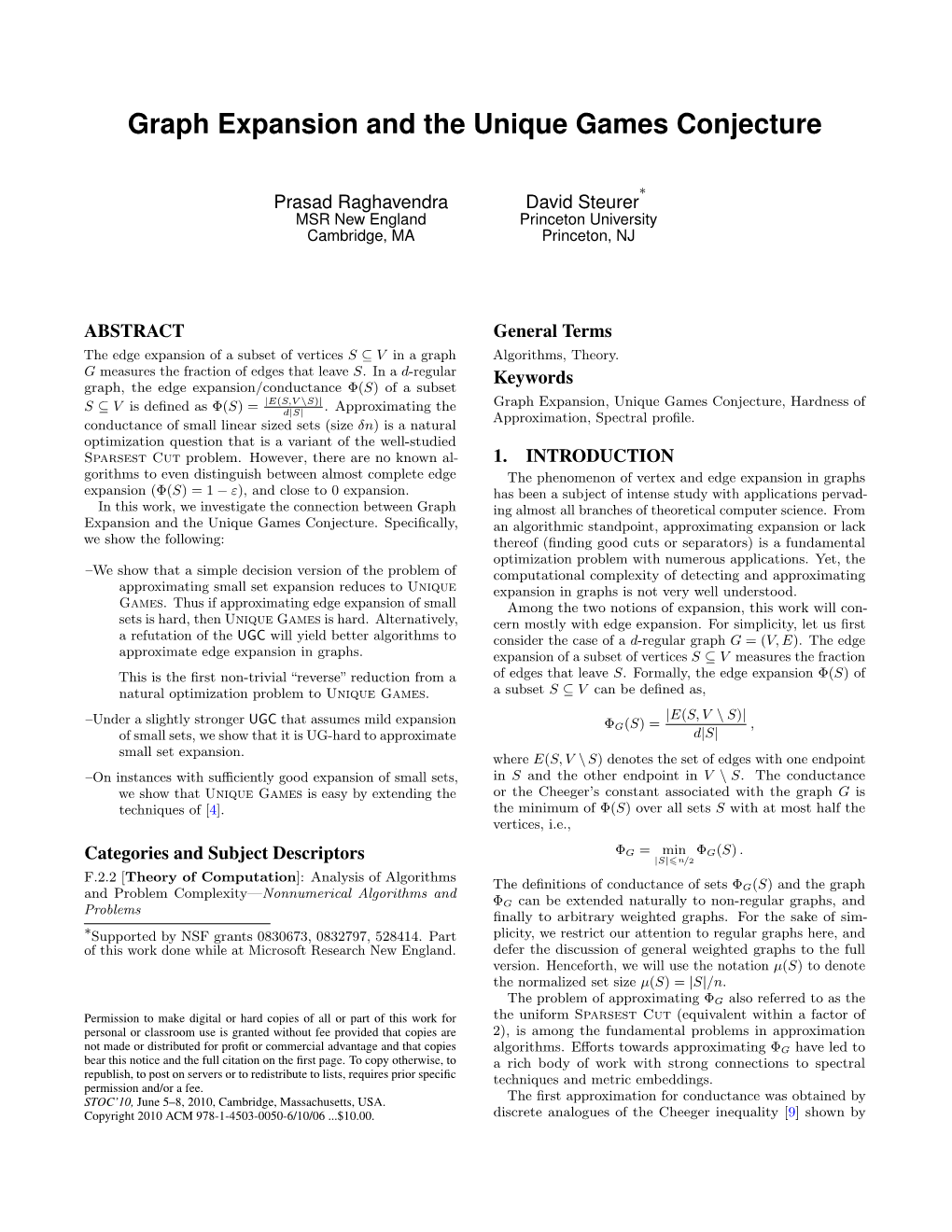 Graph Expansion and the Unique Games Conjecture