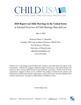 2020 Report on Child Marriage in the United States a National Overview of Child Marriage Data and Law