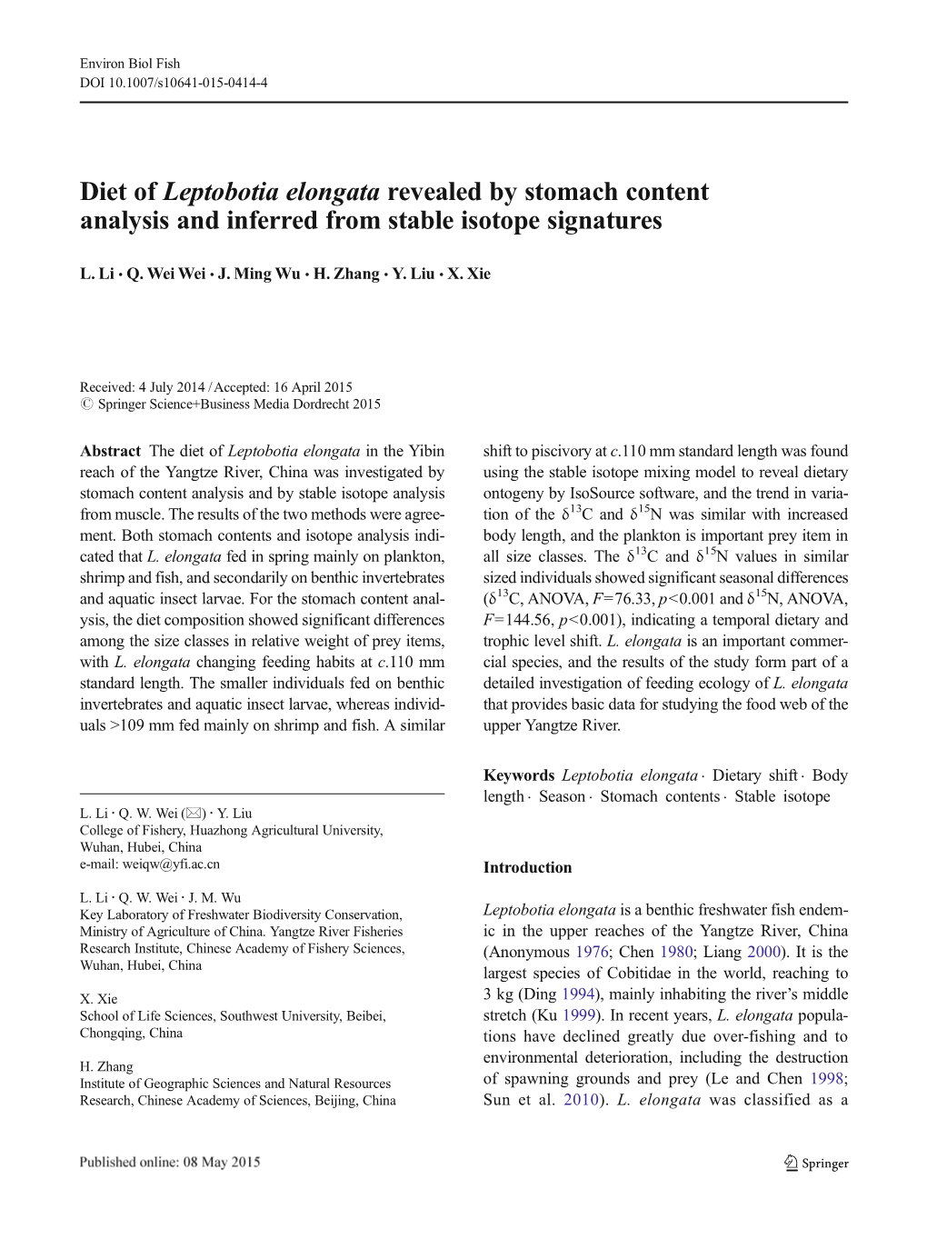 Diet of Leptobotia Elongata Revealed by Stomach Content Analysis and Inferred from Stable Isotope Signatures