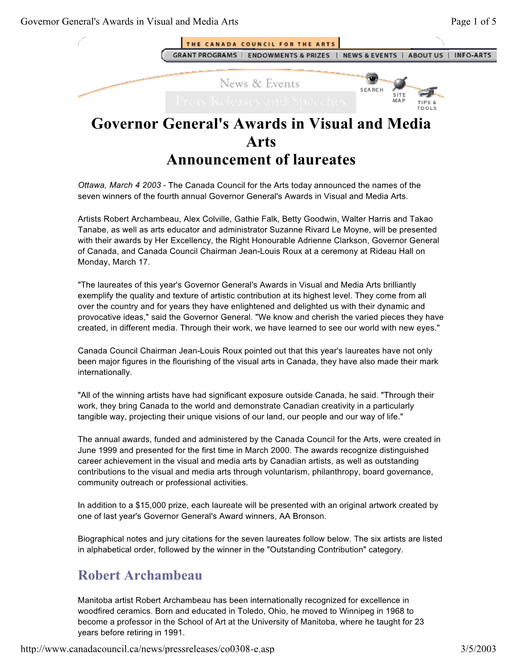 Governor General's Awards in Visual and Media Arts Announcement of Laureates