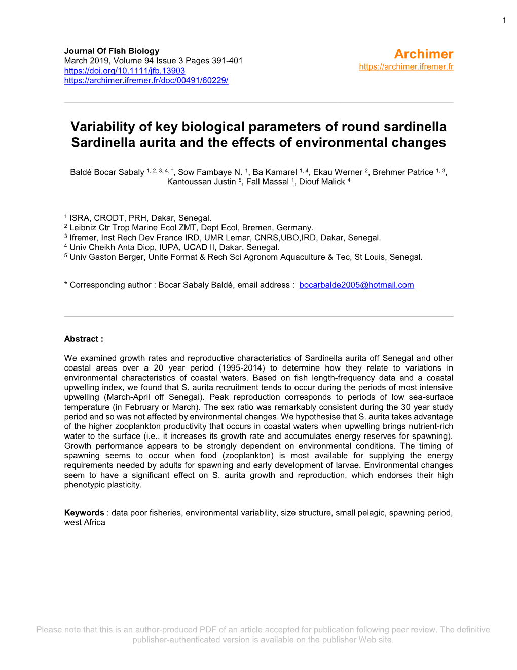 Variability of Key Biological Parameters of Round Sardinella Sardinella Aurita and the Effects of Environmental Changes