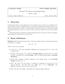 Lecture 10: Error-Correcting Codes 1 Overview 2 Basic Definitions