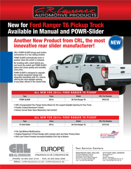 New for Ford Ranger T6 Pickup Truck Available in Manual and POWR-Slider Another New Product from CRL, the Most NEW Innovative Rear Slider Manufacturer!
