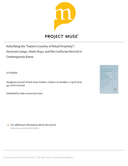 Rebuilding the "Eastern Country of Ritual Propriety": Decorum Camps, Sŏwŏn Stays, and the Confucian Revival in Contemporary Korea