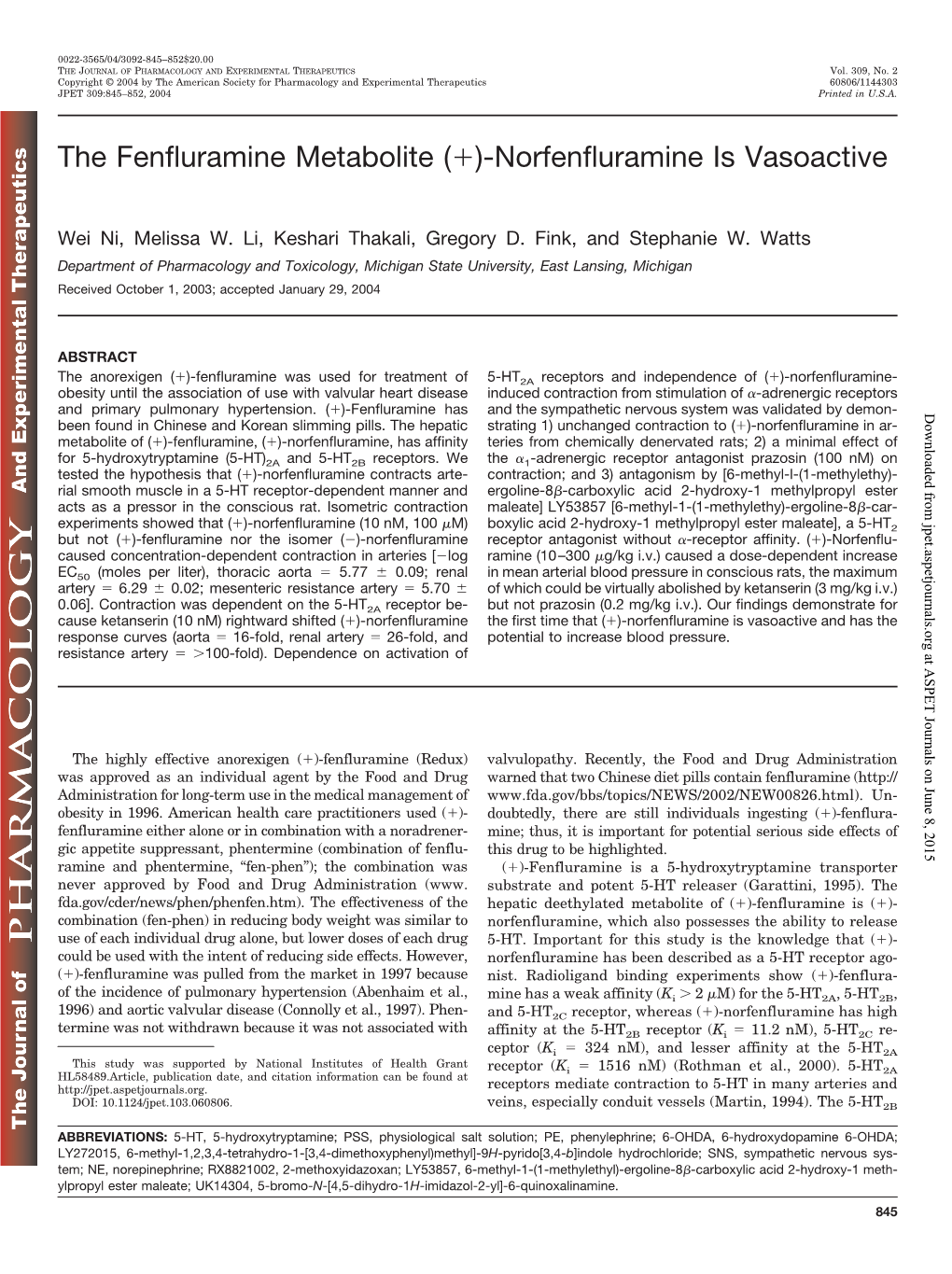 The Fenfluramine Metabolite ()-Norfenfluramine Is Vasoactive