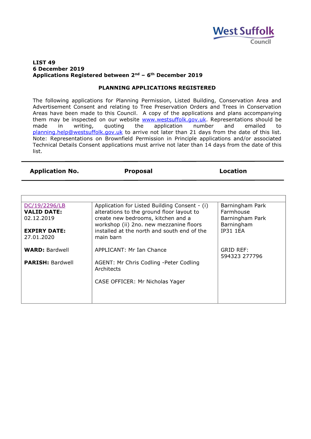 WSC Planning Applications 49/19