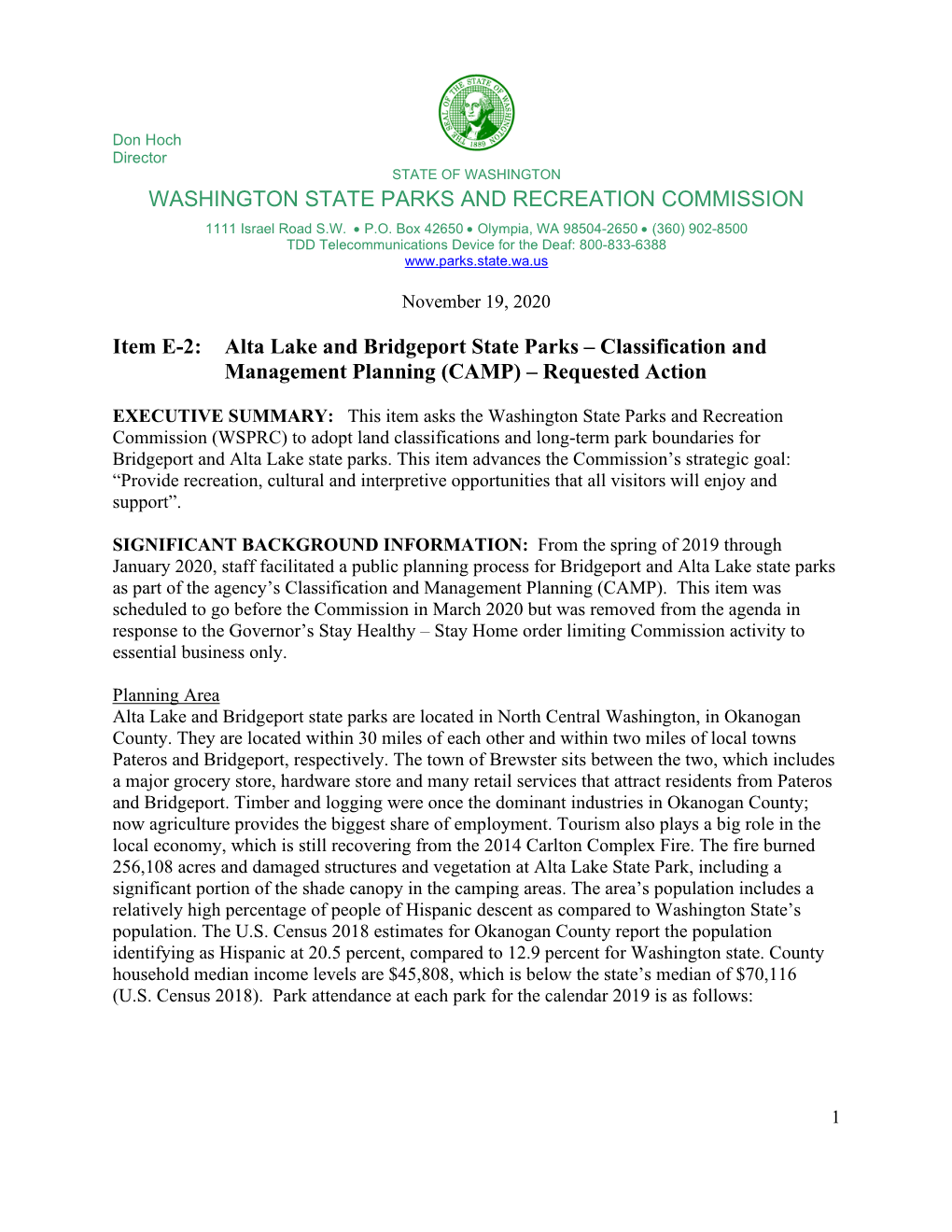 Alta Lake and Bridgeport State Parks – Classification and Management Planning (CAMP) – Requested Action