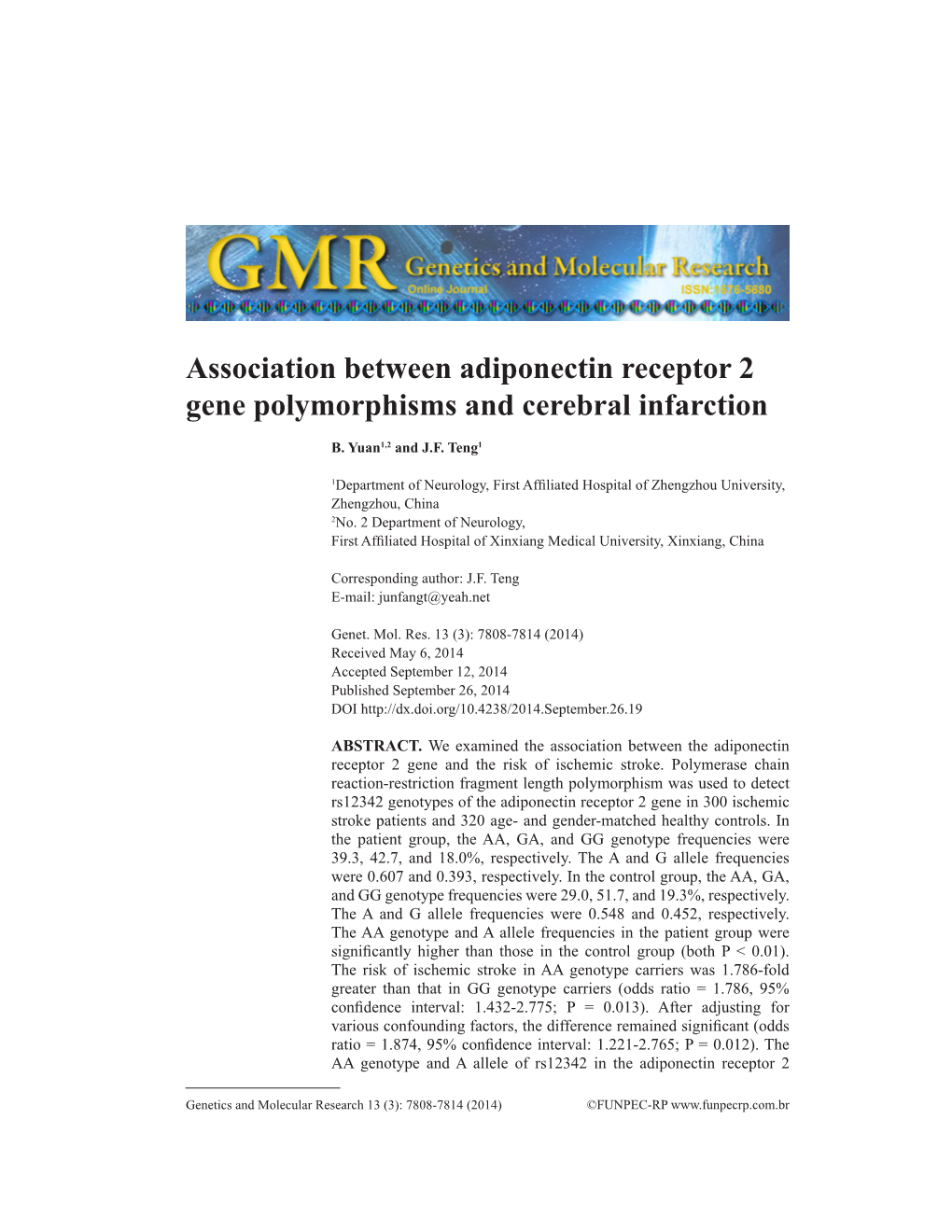 Association Between Adiponectin Receptor 2 Gene Polymorphisms and Cerebral Infarction