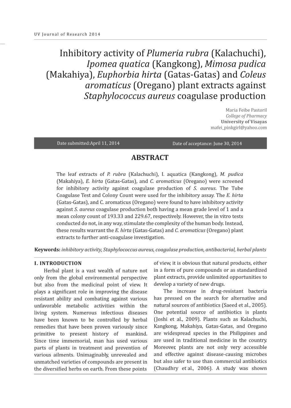 Inhibitory Activity of Plumeria Rubra (Kalachuchi), Ipomea Quatica