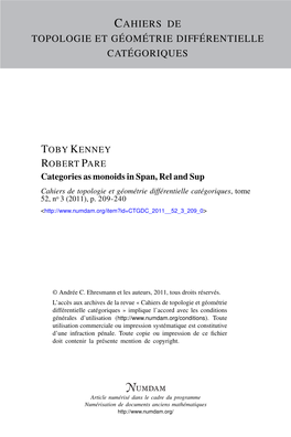 Categories As Monoids in Span, Rel and Sup Cahiers De Topologie Et Géométrie Différentielle Catégoriques, Tome 52, No 3 (2011), P