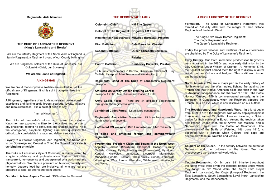 Regimental Aide Memoire the REGIMENTAL FAMILY a SHORT HISTORY of the REGIMENT