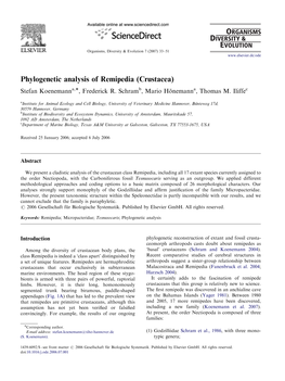 Phylogenetic Analysis of Remipedia (Crustacea) Stefan Koenemanna,Ã, Frederick R