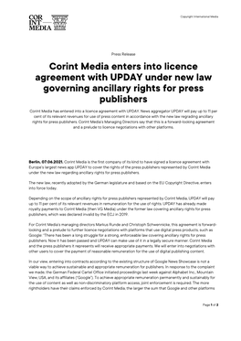 Corint Media Enters Into Licence Agreement with UPDAY Under New Law Governing Ancillary Rights for Press Publishers