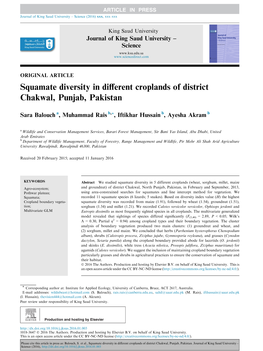 Squamate Diversity in Different Croplands of District Chakwal, Punjab, Pakistan