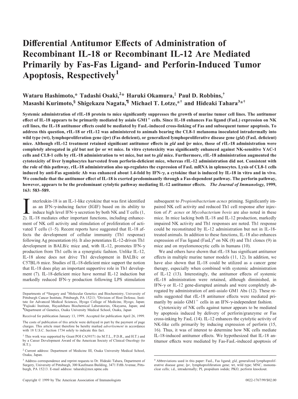 Tumor Apoptosis, Respectively by Fas-Fas Ligand- and Perforin-Induced Recombinant IL-12 Are Mediated Primarily Administration Of