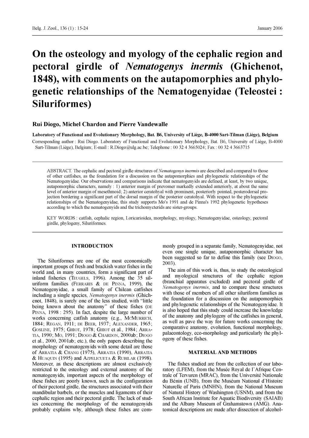 On the Osteology and Myology of the Cephalic Region and Pectoral Girdle of Nematogenys Inermis (Ghichenot, 1848), with Comment