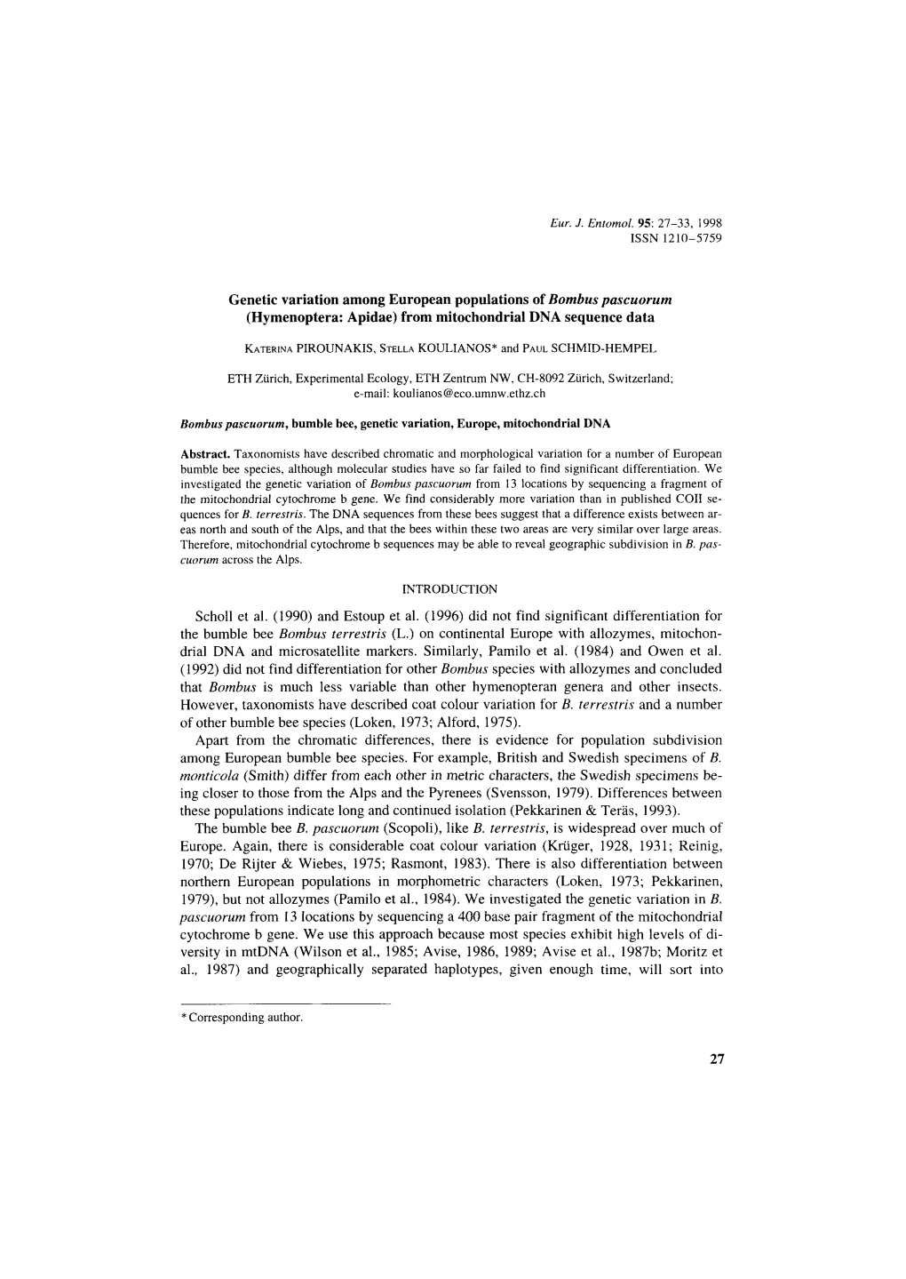 Genetic Variation Among European Populations of Bombus Pascuorum