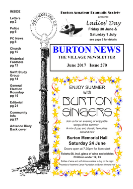 Burton Singers Summer Concert, Saturday 23 June, BMH Silverdale and Arnside Art and Craft Trail, 23-25 June BADS Ladies' Day, Friday 30 June & Sat 1 July 7.30Pm, BMH