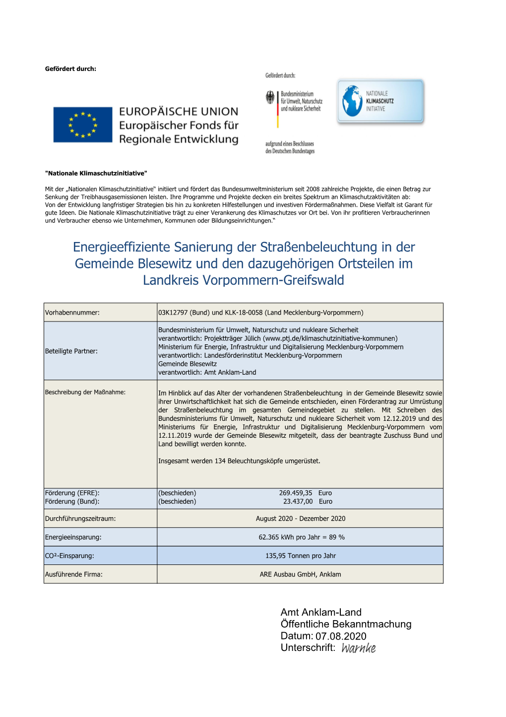 Energieeffiziente Sanierung Der Straßenbeleuchtung in Der Gemeinde Blesewitz Und Den Dazugehörigen Ortsteilen Im Landkreis Vorpommern-Greifswald