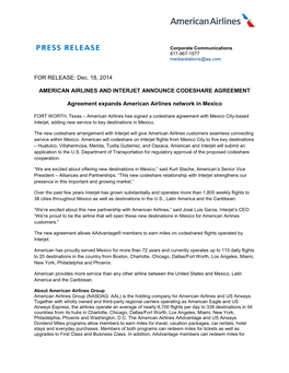 FOR RELEASE: Dec. 18, 2014 AMERICAN AIRLINES AND