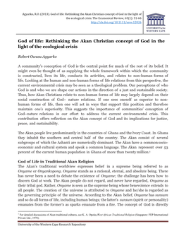 God of Life: Rethinking the Akan Christian Concept of God in the Light of the Ecological Crisis