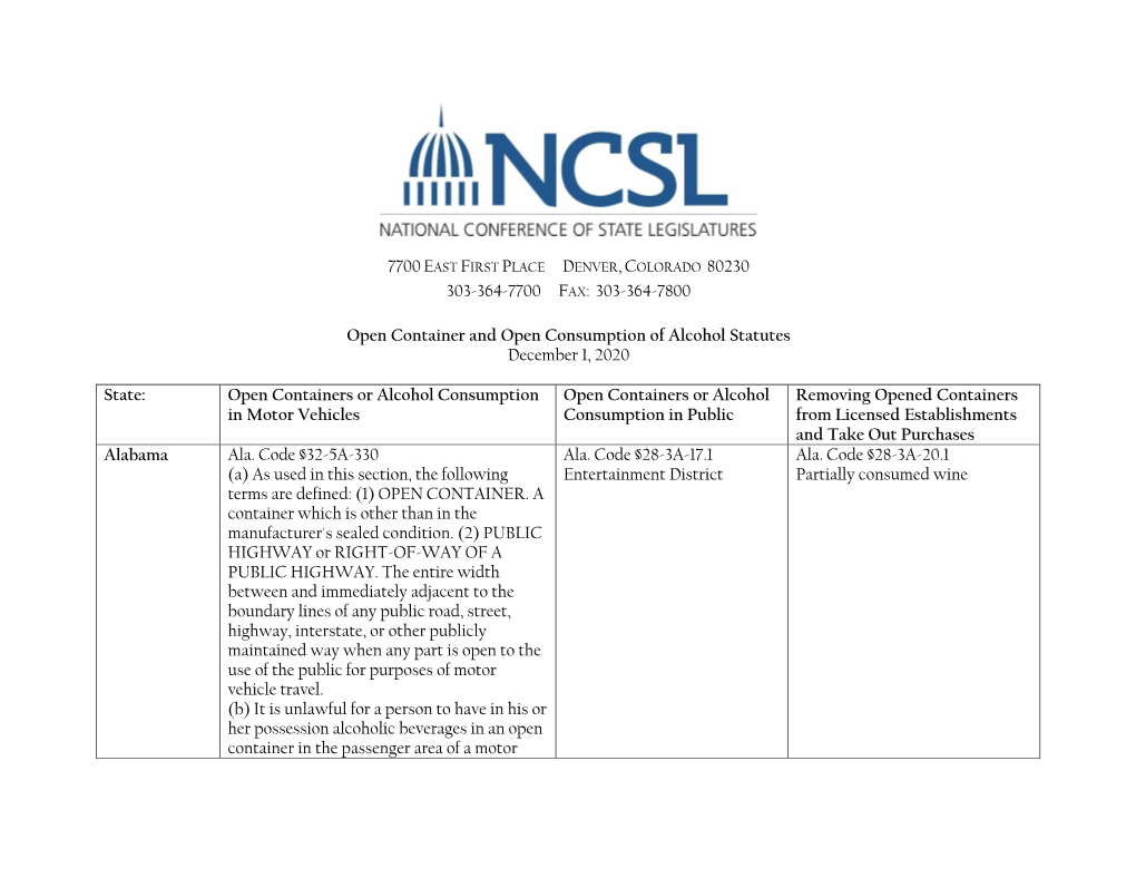 Open Container and Open Consumption of Alcohol Statutes December 1, 2020