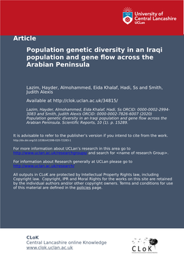 Population Genetic Diversity in an Iraqi Population and Gene Flow Across the Arabian Peninsula