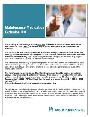 Mail Order Maintenance Medication Exclusion List