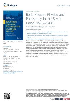 Boris Hessen: Physics and Philosophy in the Soviet Union, 1927–1931 Neglected Debates on Emergence and Reduction Series: History of Physics
